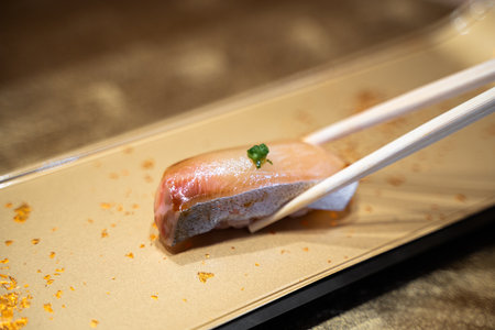 Salmon Sashimi on a plate with chopsticks, Japanese foodの写真素材