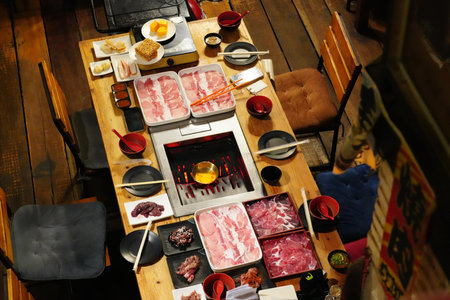 Japanese food restaurant in Kyoto, Japan. Top view of Japanese cuisine.の写真素材