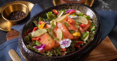 Salmon sashimi salad with lime and vegetable in a bowlの写真素材