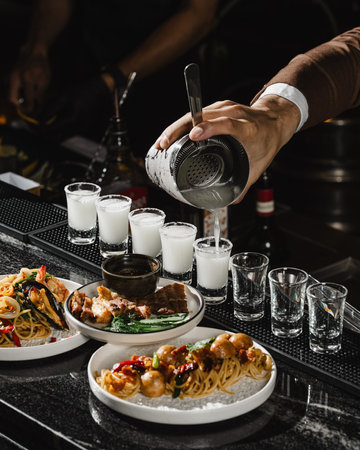 Barman pouring milk from a shaker into a glass of cocktailの写真素材