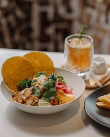 Mexican tacos with meat, guacamole and tortilla chipsの写真素材