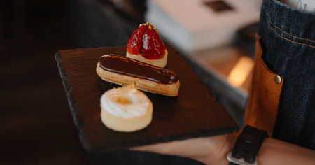 Cake macaroon with strawberry on a black plate in a cafe