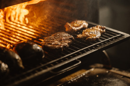 Grilled beef steaks on a barbecue grill with smoke and flames