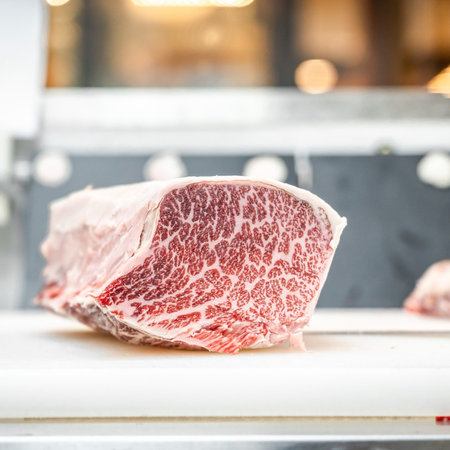 Raw fresh beef meat on cutting board in butcher shop, stock photoの写真素材