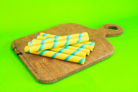 wafer roll on green backgroundの写真素材