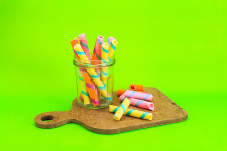 wafer roll on green backgroundの写真素材