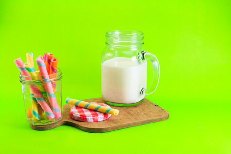 wafer roll on green backgroundの写真素材