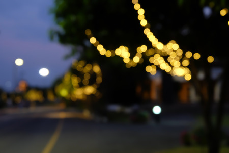 Decoration light hanging on tree in Garden,blurred defocused backgroundの写真素材