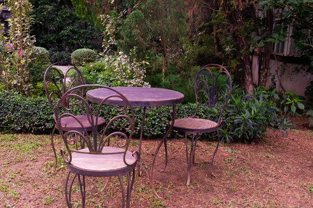 Beautiful chair in the garden with green leave background.