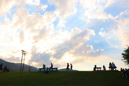 4 May 2020 ; Chiang Mai Thailand : People resting on fresh green park lawn in Chiang Mai University, Thailand.のeditorial素材