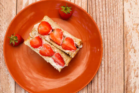 Strawberry Fruits Sandwich on wooden table , Sandwich Japan style.