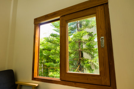 Wooden window frame in the home.の写真素材