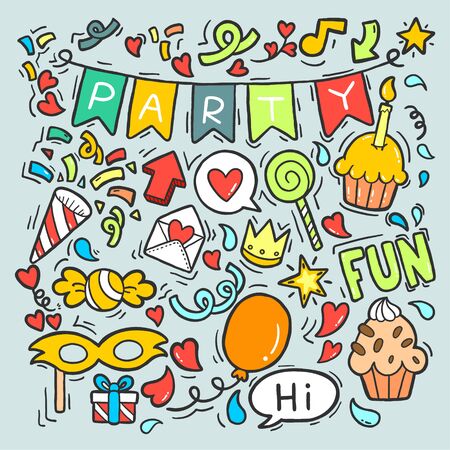 Hand drawn, doodle party set,Objects and symbols on the Party element,seamless background doodle vectorのイラスト素材