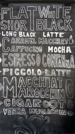 Hand-drawn coffee menu on chalkboardの写真素材
