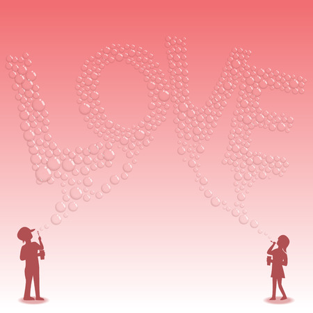 Image of kids blowing bubbles to be love wordのイラスト素材