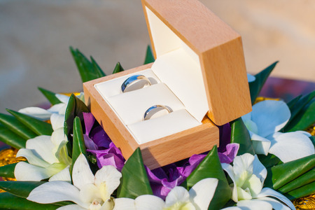 Wedding rings are beautifully decorated in preparation for the marriage ceremony.の写真素材