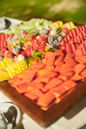 Assorted fruits,  set for wedding dinner partyの写真素材