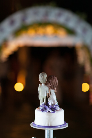 Closeup of wedding cake top bride and groom figurinesの写真素材