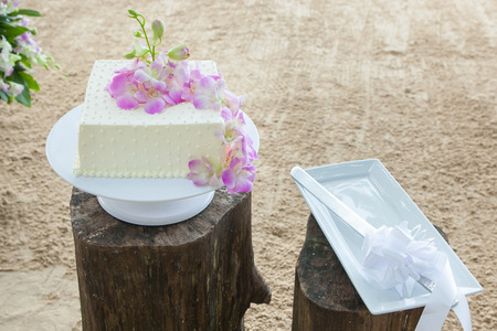 Wedding Cake on the beach in Thailand Focus on flowerの写真素材