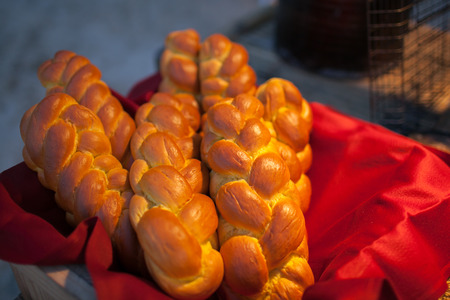 Bread basket with loaf and buns set for wedding dinner party