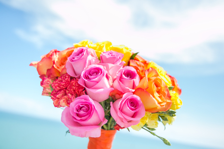 Bouquet of multicolored roses for wedding ceremonyの写真素材
