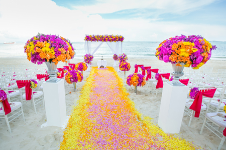Floral arrangement at a wedding ceremony on beach.の写真素材