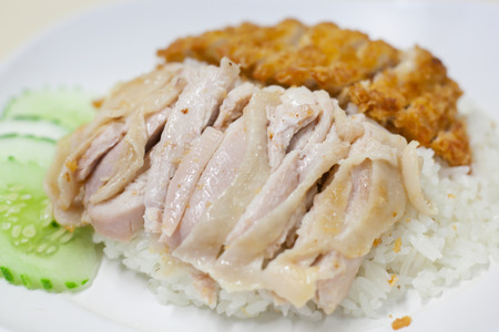 Thai food gourmet fried chicken and steam chicken with riceの写真素材