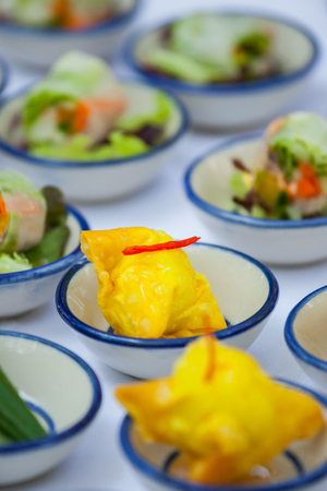 canape set up for wellcome party in wedding ceramony.の写真素材