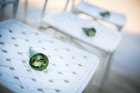 wedding detail (closeup of beautiful wedding decorated on beach wedding setup)の写真素材