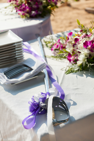 Preparations for the wedding cake cutting ceremony.の写真素材