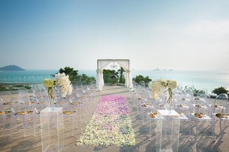 Beautiful wedding ceremony design decoration elements with arch, floral design and  flowersの写真素材