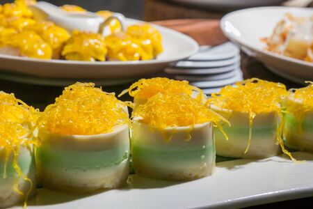 Pandan custard dessert of Thai.  Food was prepared for the wedding dinner. (Selective focus)の写真素材