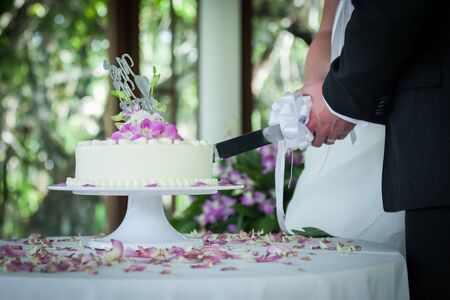 hands of bride and groom cut of a slice of a wedding cakeの写真素材