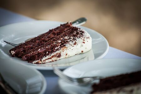 The wedding cake is cut into pieces.