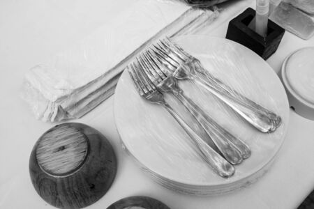 Dinner set. Fork, knife and spoon on the tableの写真素材