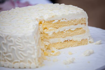 The wedding cake is cut into pieces.の写真素材