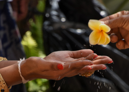 The blessing of the groom with water during a traditional Balinese weddingの写真素材