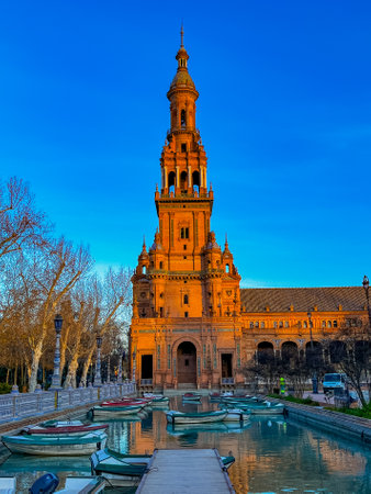 Plaza de Espana, Seville, Spain, at sunriseの写真素材
