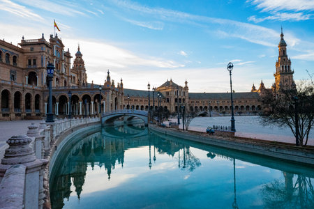 Plaza de Espana, Seville, Spain, at sunriseの写真素材