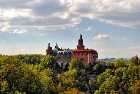 Castle surrounded by trees, forest. Princess palace, beautiful architectureのeditorial素材