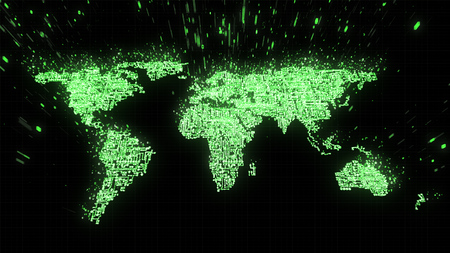 3D Illustration of world map built from green circuitry and binary data