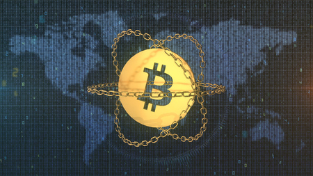 Gold Bitcoin logo surrounded by blockchain in front of Earth map in digital data - 3D illustrationの写真素材