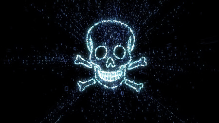 Digital information surrounding skull and crossbones representing cyber crime and digital piracyの写真素材