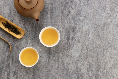 tea set on cement backgroundの写真素材