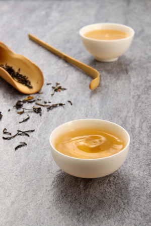 tea set on cement backgroundの写真素材