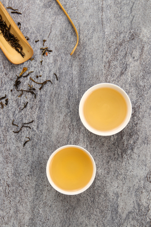 tea set on cement backgroundの写真素材