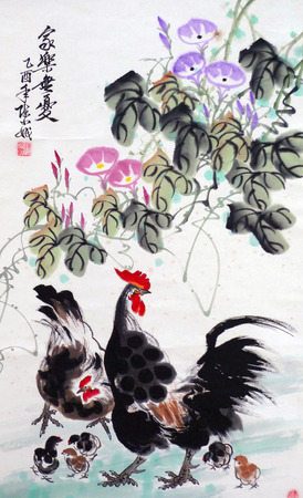 Chicken with 
Flower and bird ink paintingのeditorial素材
