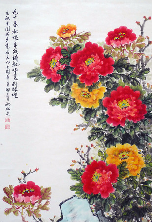 Peony flower ink paintingのeditorial素材