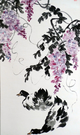 Autumn duck ink paintingのeditorial素材