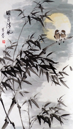 bamboo with birds ink paintingのeditorial素材